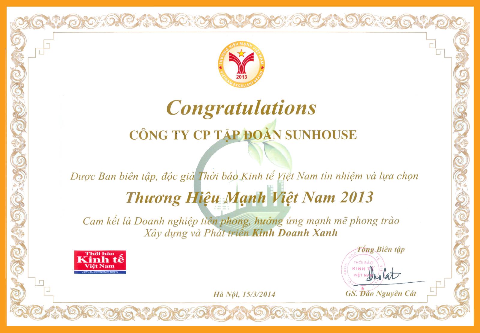 Tập đoàn SUNHOUSE đón nhận giải thưởng Thương hiệu mạnh Việt Nam 2013