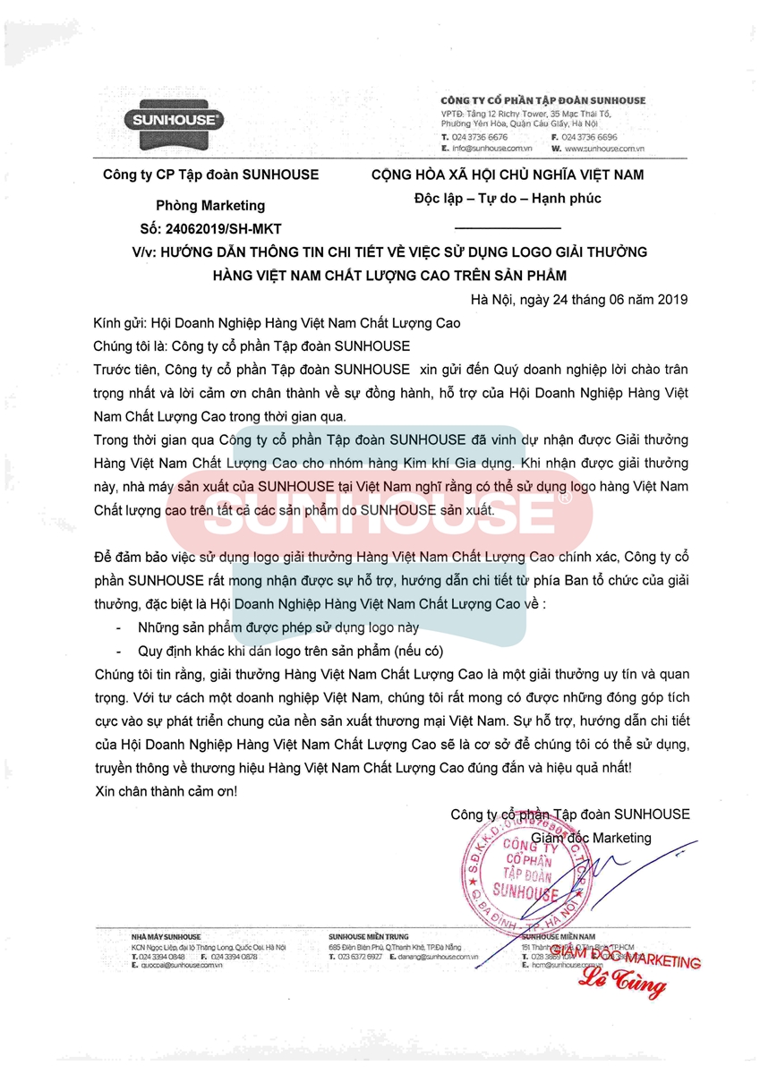 Công văn gửi Hội doanh nghiệp Hàng Việt Nam chất lượng cao ngày 24/06/2019