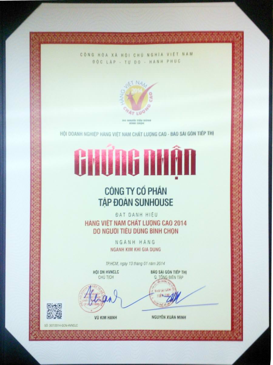 Tập đoàn Sunhouse đạt danh hiệu Hàng Việt Nam chất lượng cao 2014