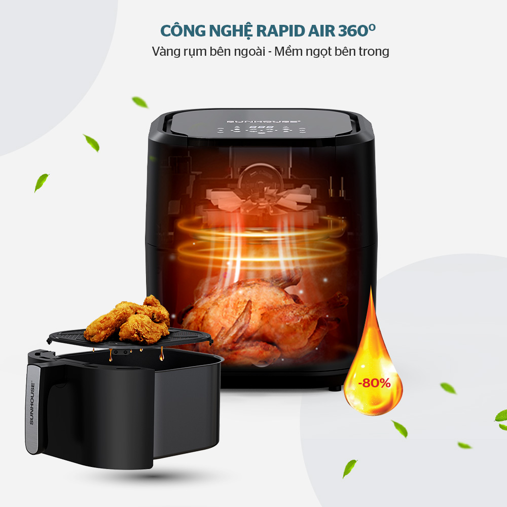 Đặt nhiệt độ nồi chiên không dầu cho các món nướng - quay - chiên  từ 160 - 200 độ C kết hợp công nghệ Rapid air 360 độ phút giúp món ăn vàng rụm, hấp dẫn