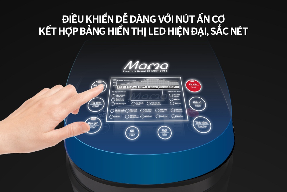 Nồi cơm điện tử lòng niêu SUNHOUSE MAMA SHD8903 có thể điều khiển dễ dàng với nút bấm cơ hiển thị tiếng Việt