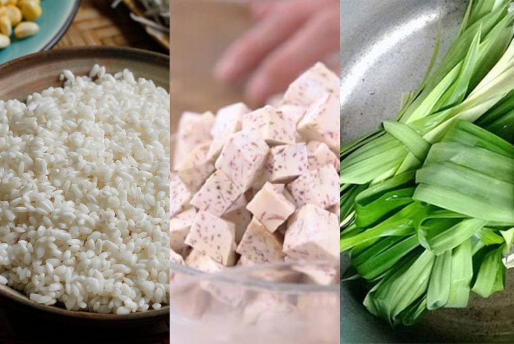Đảo các nguyên liệu bao gồm gạo nếp, khoai môn và lá dứa để món ăn hòa quyện hương vị
