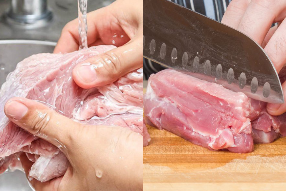Thịt heo cần sơ chế kỹ và ngâm qua nước muối loãng 5 phút để khử bớt mùi hôi