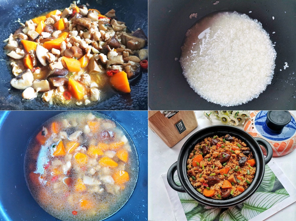 Cho gạo vào nồi, đổ hỗn hợp gà xào rau củ lên trên và thực hiện thao tác nấu cơm