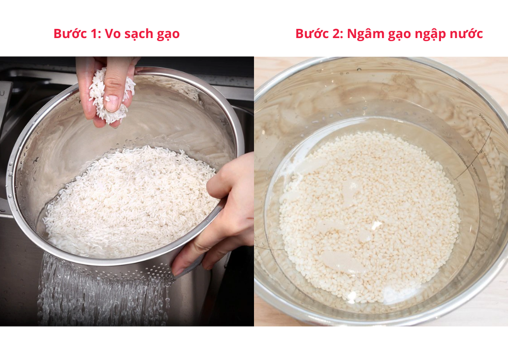Vo gạo qua 2 - 3 lần bằng nước sạch và dùng tay chà xát nhẹ 