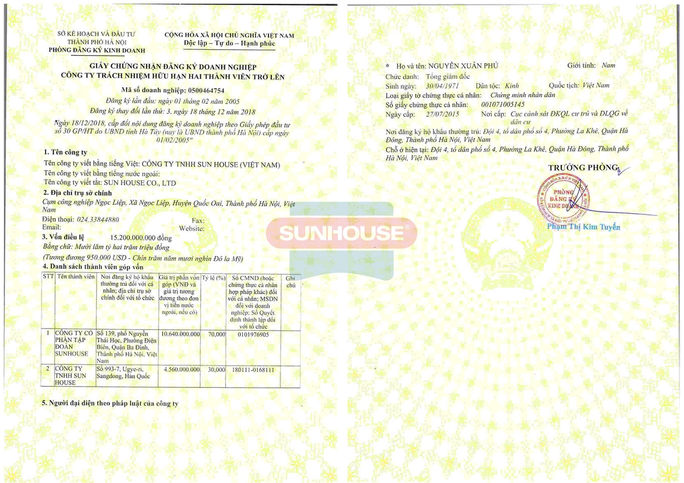 Giấy chứng nhận đăng ký doanh nghiệp Công ty TNHH SUNHOUSE Viêt Nam