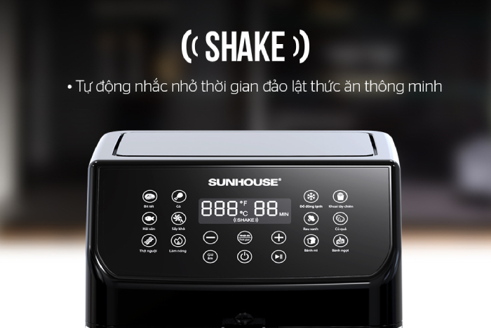 Tính năng Shake ở mẫu nồi chiên không dầu SHD4087 của SUNHOUSE tự động nhắc nhở thời gian lật thức ăn, hạn chế thất thoát nhiệt khi bảo liên tục kiểm tra thức ăn.