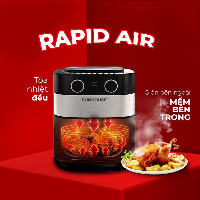 Nồi chiên không dầu được trang bị công nghệ Rapid Air, giúp giảm đến 80% lượng chất béo, có thể không sử dụng dầu để làm chín thức ăn