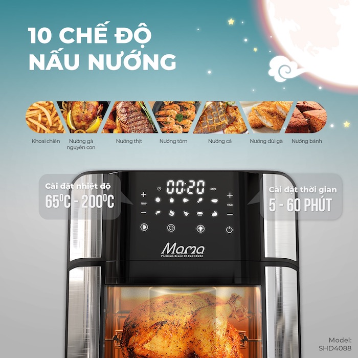 Nồi chiên không dầu được trang bị đa dạng chức năng nấu nướng, giúp bạn thỏa sức sáng tạo những món ăn yêu thích