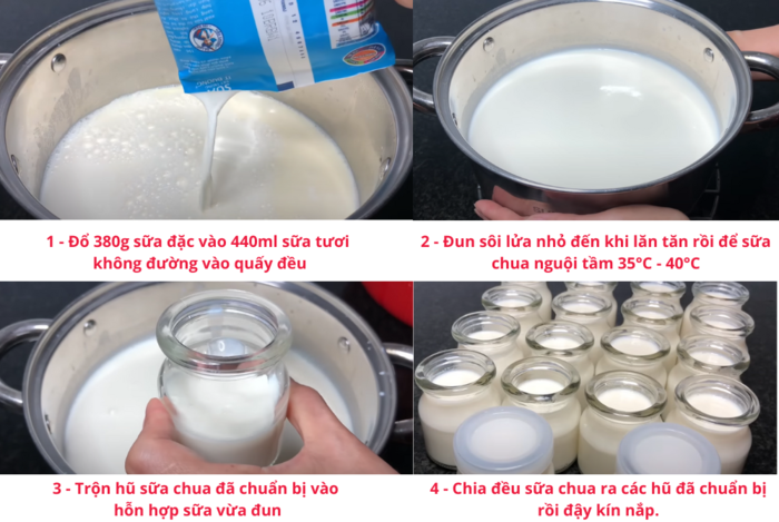 Sau khi trộn xong hỗn hợp, bạn đổ hỗn hợp sữa vào các hũ đã được làm sạch để chuẩn bị ủ trong nồi cơm điện tử