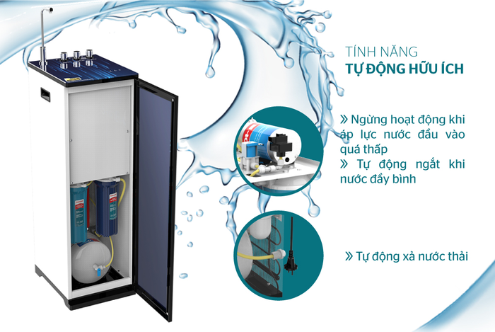 Máy lọc nước tiên tiến có tính năng tự động ngắt điện giúp đảm bảo quy trình lọc nước, kéo dài tuổi thọ của máy 