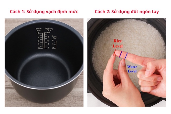 Bạn có thể dùng vạch định mức trong lòng nồi hoặc đốt ngón tay để đong nước nấu cơm cho gạo trắng hạt dài