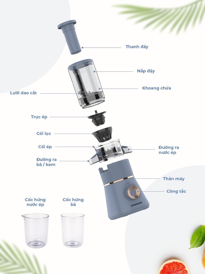 Máy ép chậm có cấu tạo các bộ phận dễ dàng tháo rời, tiện lợi, tiết kiệm thời gian, công sức trong quá trình vệ sinh máy