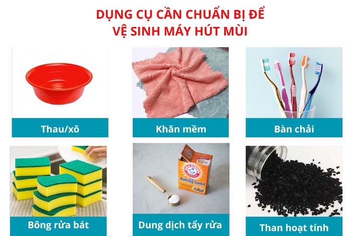 Các dụng cụ và vật liệu cần chuẩn bị để vệ sinh máy hút mùi 