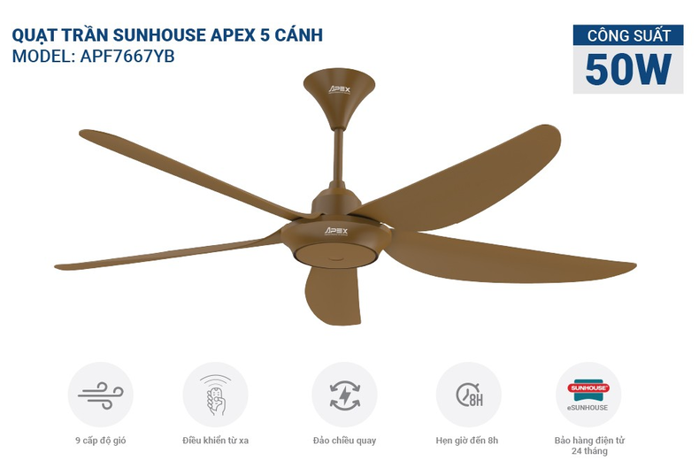 Quạt trần SUNHOUSE APEX 5 cánh APF7667YB làm mát tối ưu nhưng tiết kiệm điện