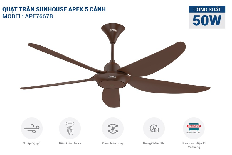 Quạt trần SUNHOUSE APEX APF7665B mang lại hiệu quả làm mát mạnh mẽ