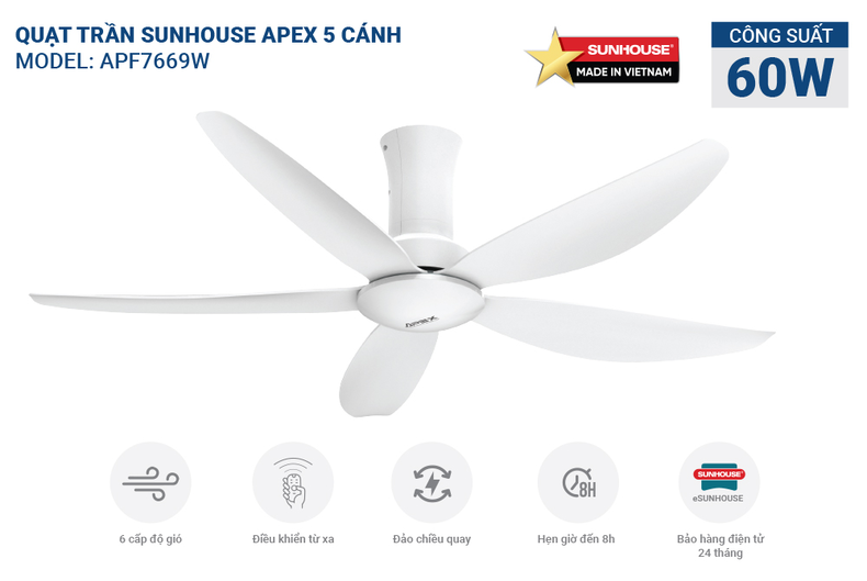 Quạt trần SUNHOUSE APEX APF7669W phù hợp với nhiều không gian sống khác nhau
