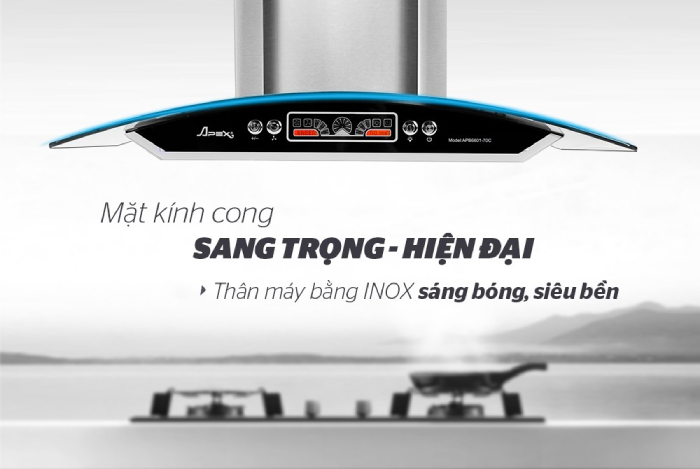 Máy hút mùi APEX APB6601-70C có thiết kế dạng kính cong hiện đại, mức công suất cao nhưng có độ ồn thấp không ảnh hưởng đến sinh hoạt gia đình