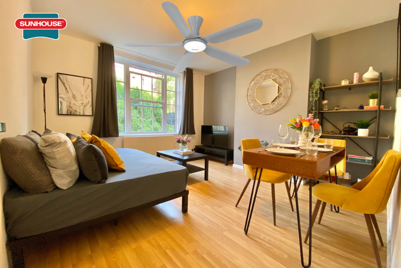 Quạt trần SUNHOUSE APEX APF7683G có sải cánh rộng phù hợp cho không gian lớn