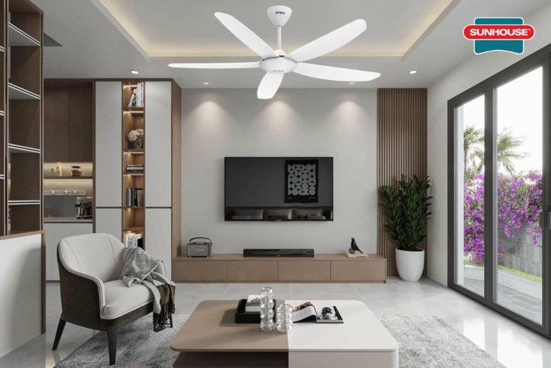 Quạt trần SUNHOUSE APEX APF7666W trong không gian phòng khách hiện đại