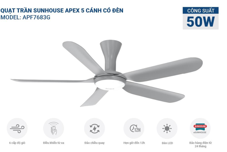 Mẫu quạt trần SUNHOUSE APEX APF7683G
