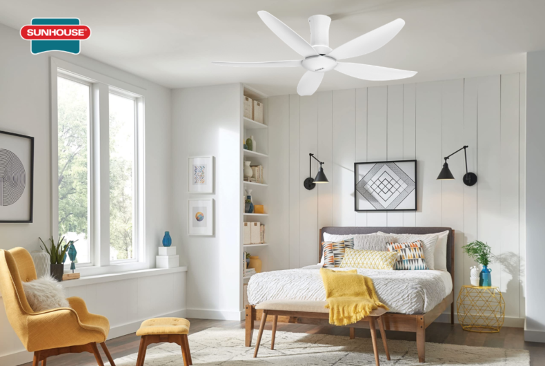 Mẫu quạt trần SUNHOUSE APEX APF7669W trong phòng ngủ nhà chung cư