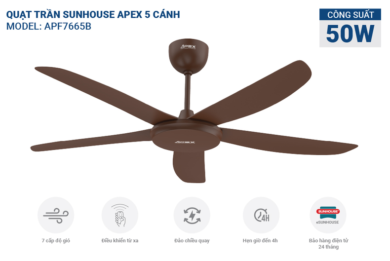 Quạt trần SUNHOUSE APEX APF7665B có thiết kế gọn nhẹ