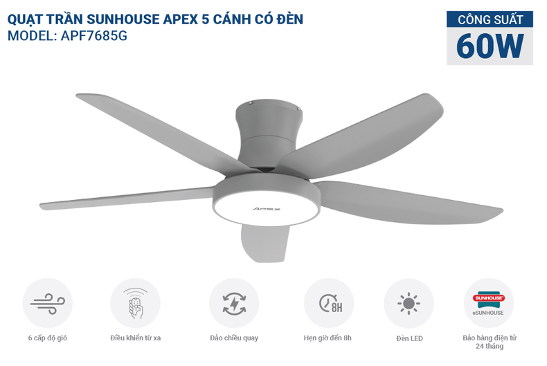 Quạt trần SUNHOUSE APEX APF7685G tạo luồng gió mạnh mẽ đều khắp phòng