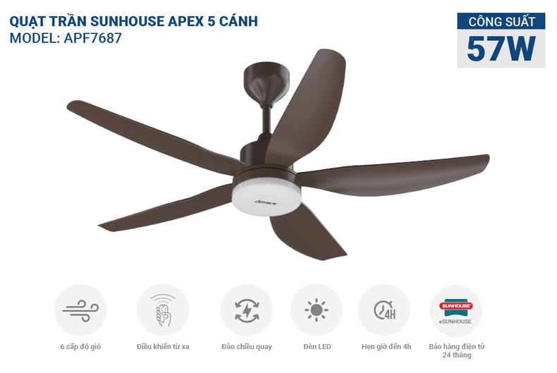 Quạt trần SUNHOUSE APEX 5 cánh APF7687 sở hữu thiết kế tinh tế và hiện đại