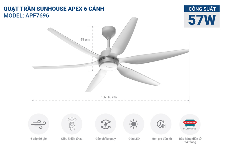 Quạt trần SUNHOUSE APEX APF7696W