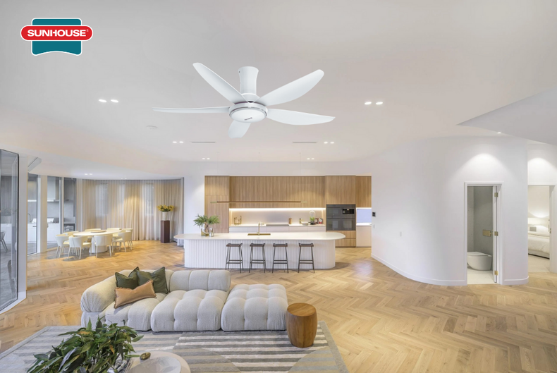 Quạt trần SUNHOUSE APEX APF7676W thích hợp cho các không gian cần gió đối lưu mạnh mẽ