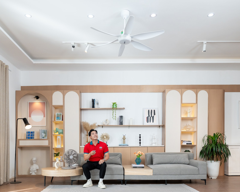 Quạt trần cung cấp luồng gió đối lưu rộng, mang lại cảm giác dễ chịu, mát mẻ cho phòng khách