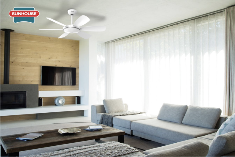 Quạt trần SUNHOUSE 6 cánh APF7697W phù hợp cho phòng khách lớn cần cả khả năng làm mát và chiếu sáng