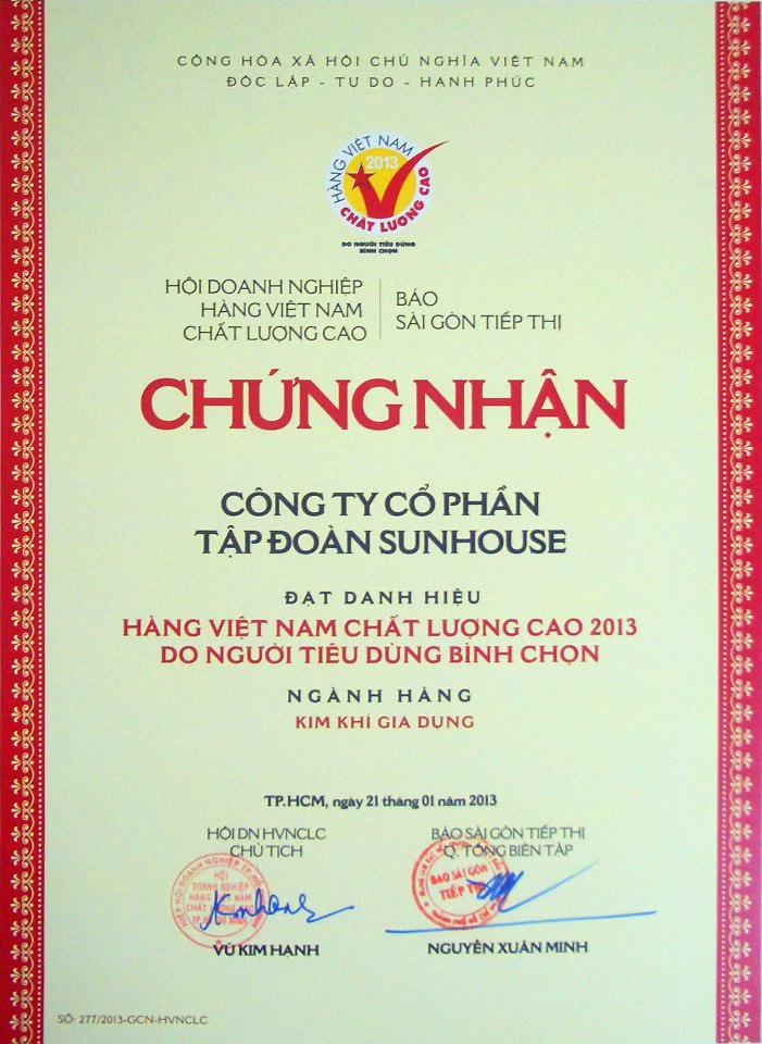 Tập đoàn Sunhouse vinh dự nhận danh hiệu HVNCLC 2013
