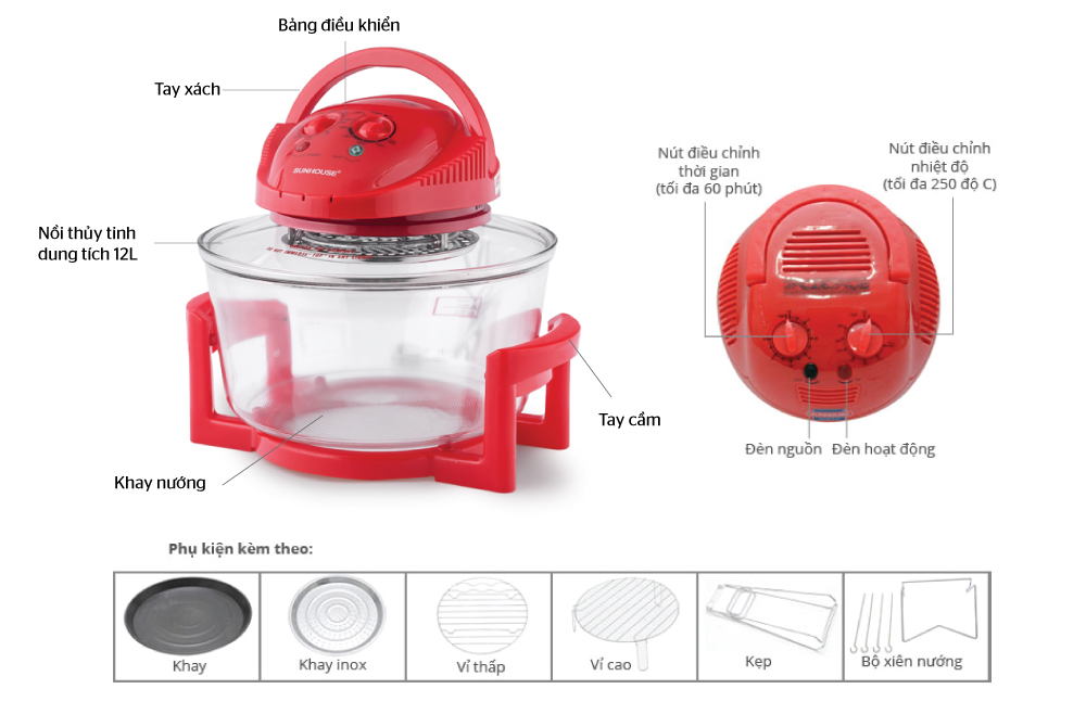 Lò nướng thủy tinh SUNHOUSE SH410 đỏ 2